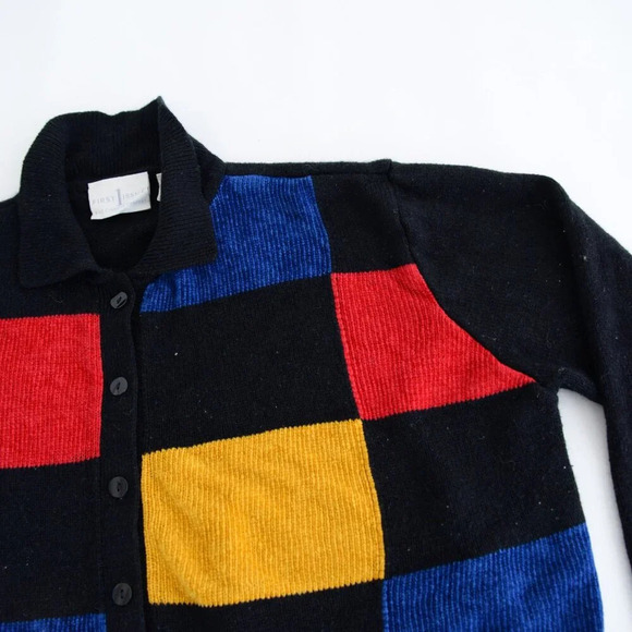 Vintage  Liz Claiborne Black Primary Color Colorblock Button Cardigan Sweater XL - Picture 7 of 12